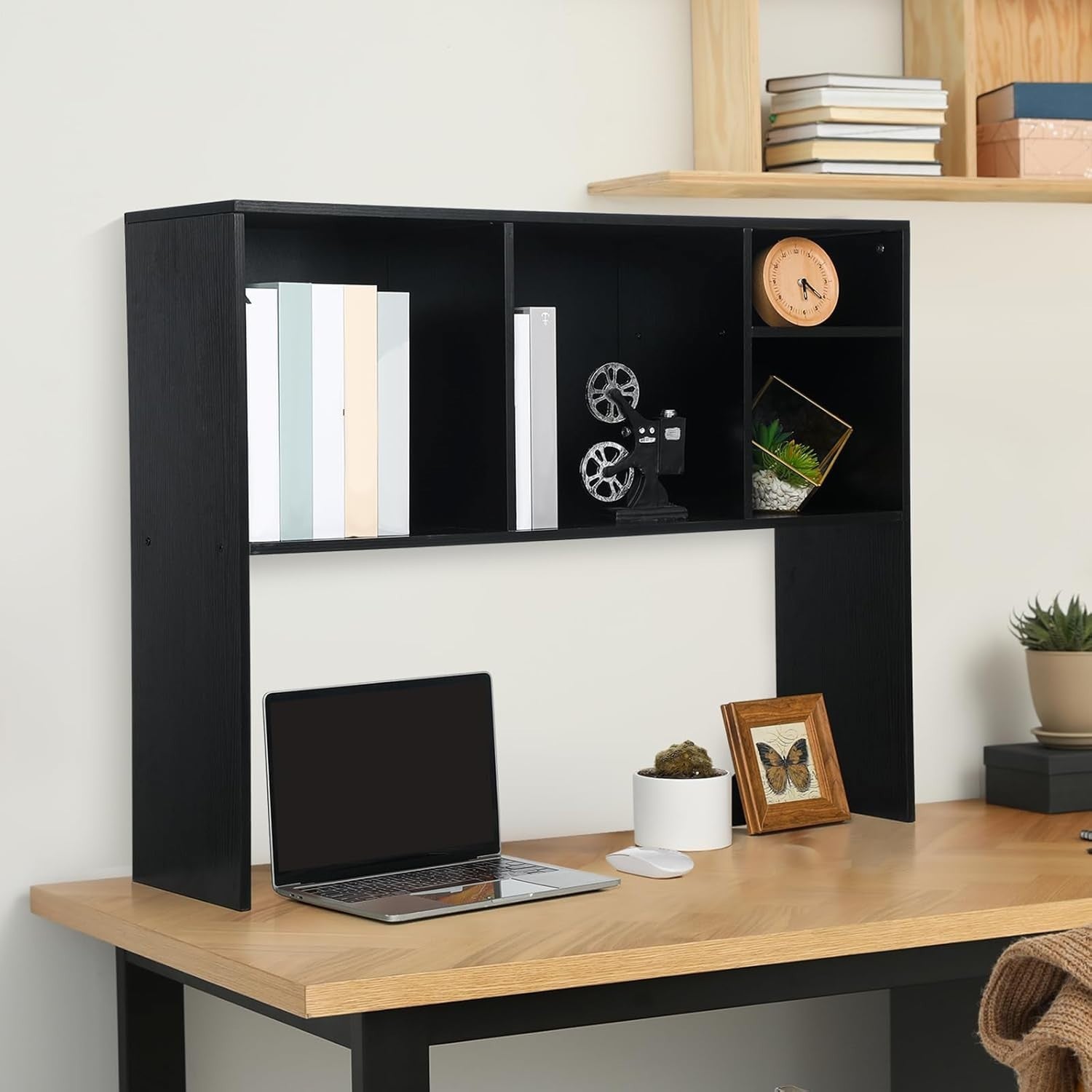Desk Hutch Bookshelf Organizer 2-Tier Monitor Stand Storage Rack Black