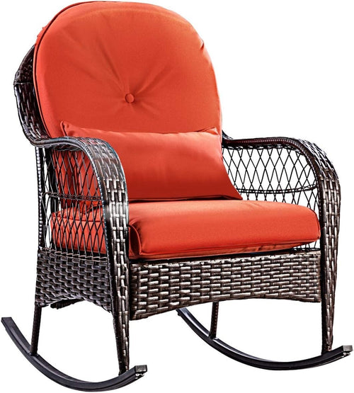 Outdoor Rattan Rocking Chair with Cushions & Lumbar Support, Red