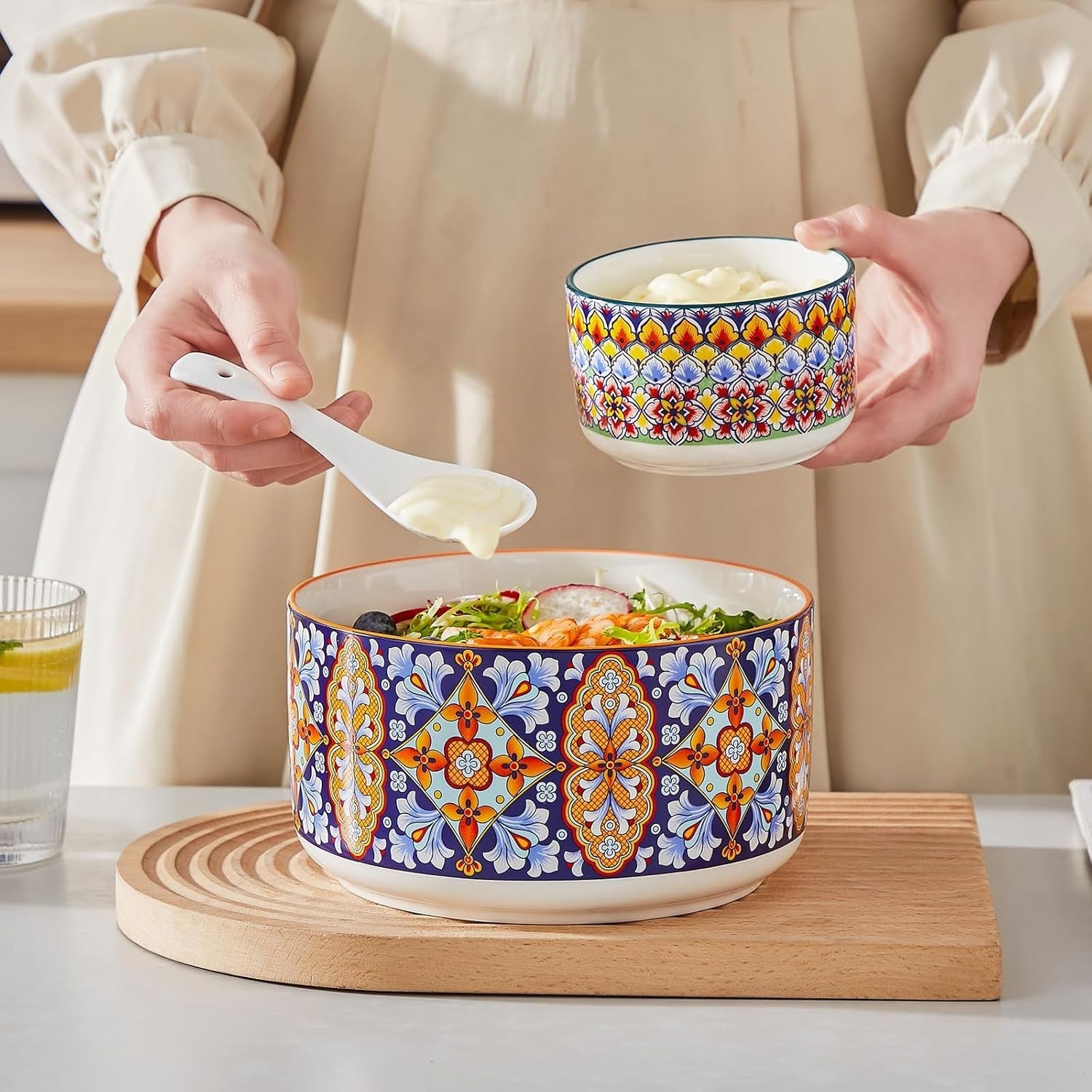 4-Piece Ceramic Mixing Bowls with Lids 60-10oz Microwave Safe