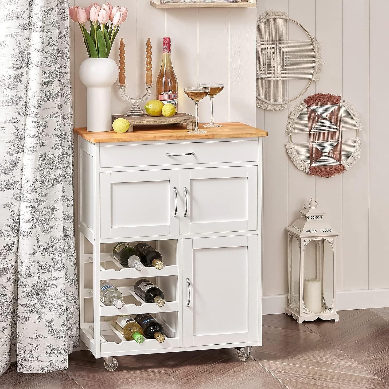 Kitchen Trolley on Wheels Storage Cart with Wine Rack Drawer Wooden Top