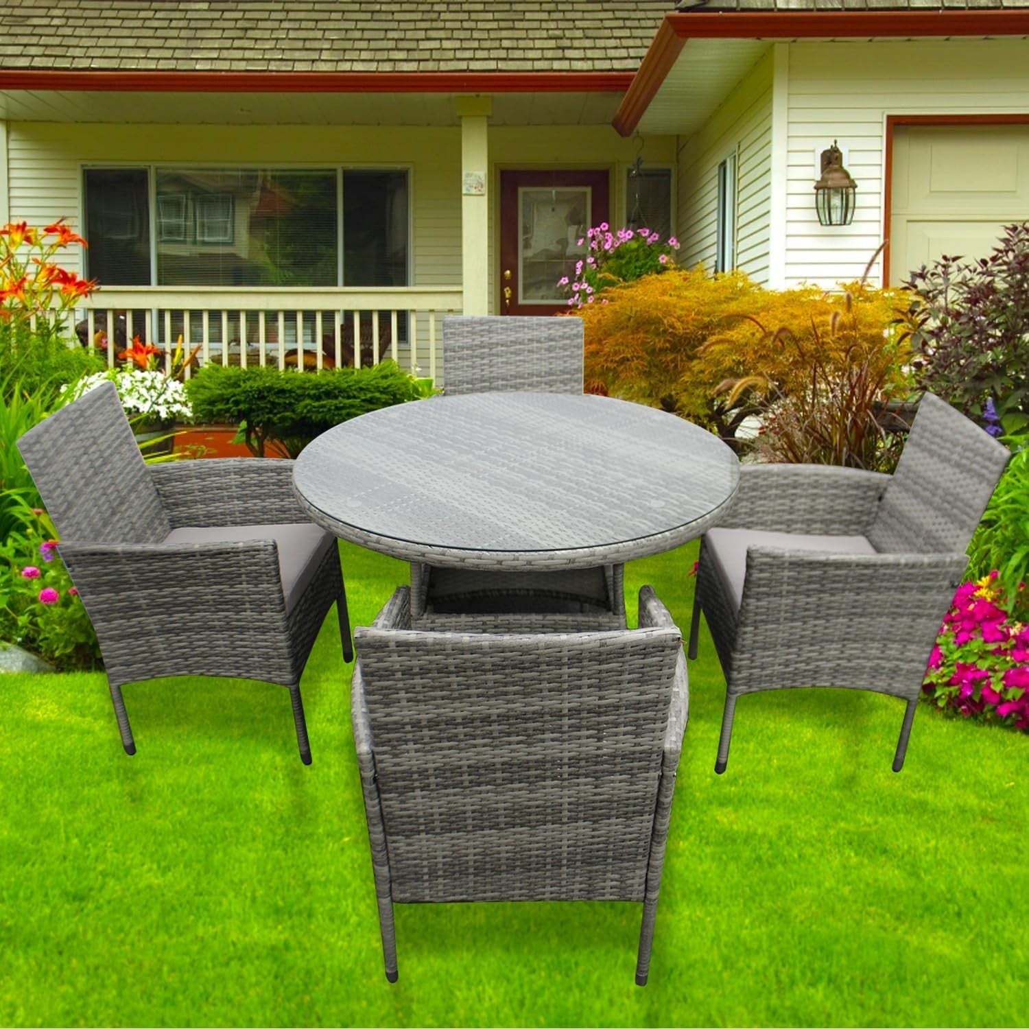 4 Seater Rattan Garden Set Round Table & Cushions Outdoor Patio Dining