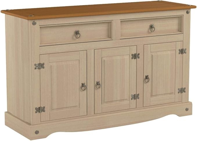 Grey Solid Pine Sideboard Cabinet with 3 Doors & 2 Drawers, Rustic Storage Unit