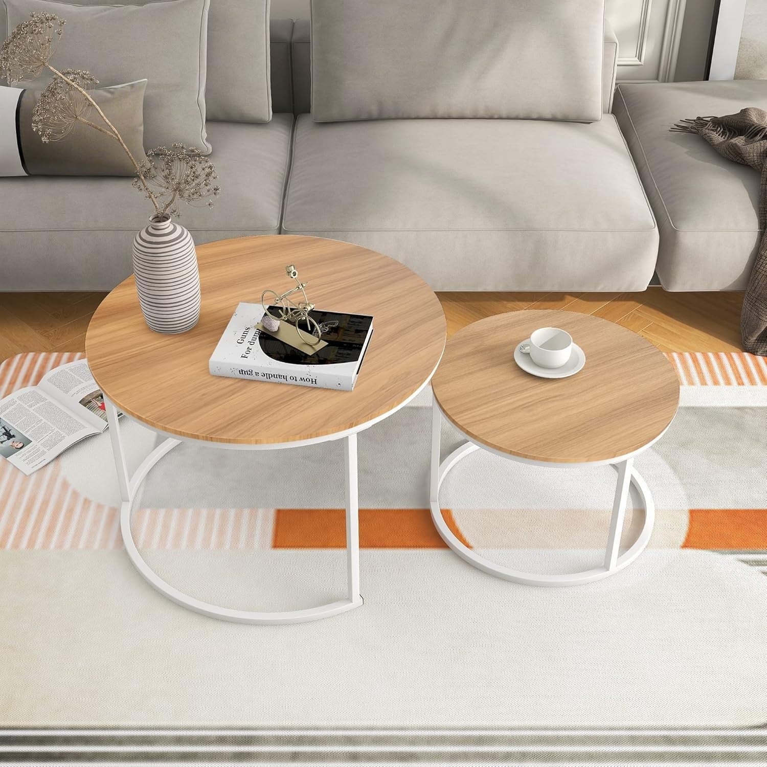 Nesting Coffee Table Set Round End Side Tables Space Saving Wood Metal Frame