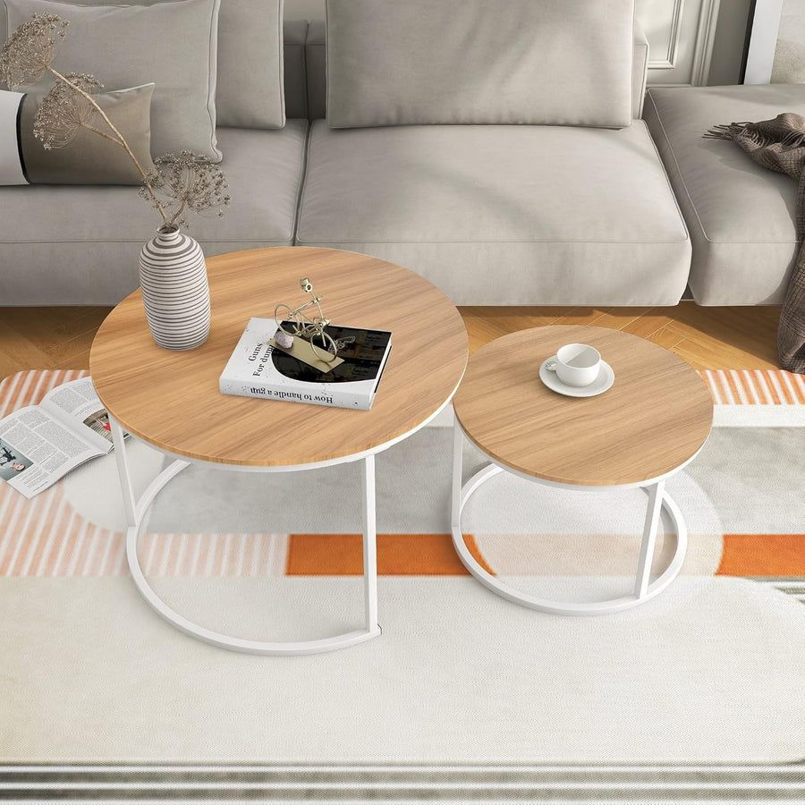 Nesting Coffee Table Set Round End Side Tables Space Saving Wood Metal Frame