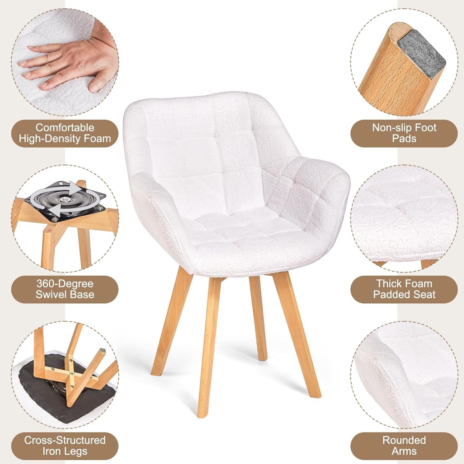 White Boucle Swivel Tub Chair Accent Armchair Wood Legs