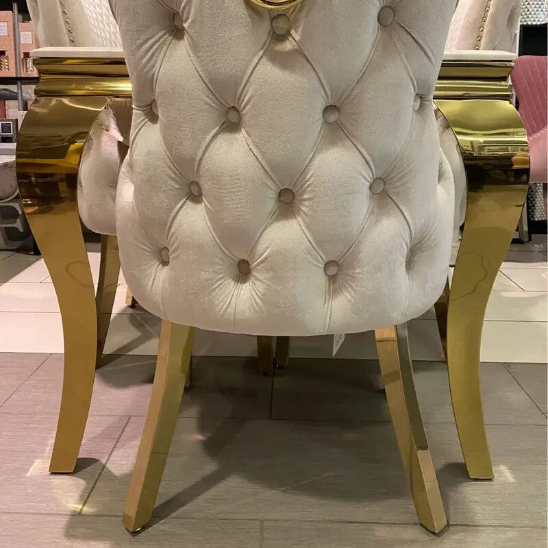 2x Mink Velvet Dining Chairs Gold Legs Ring Back Luxury Tufted Seat Pair