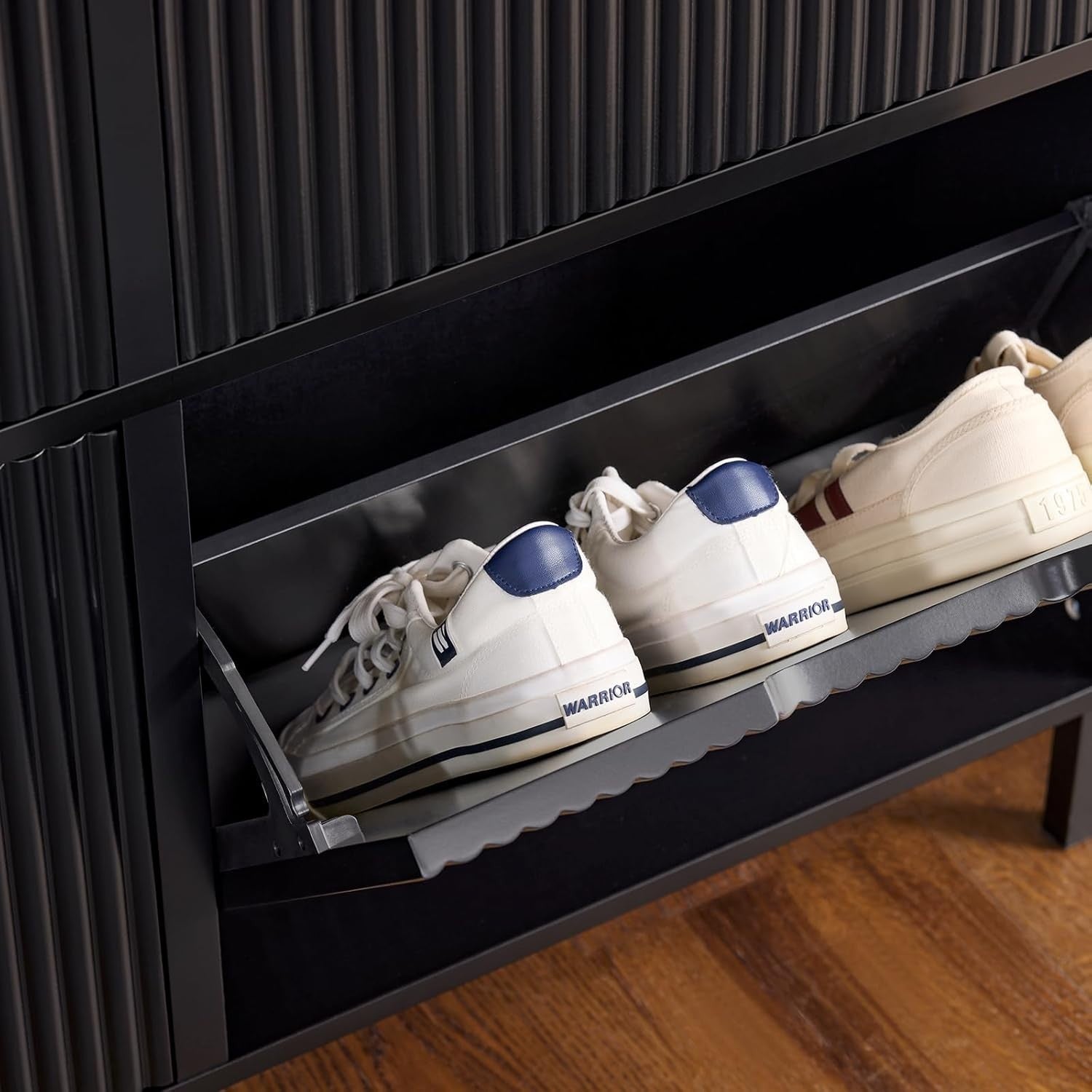 Black Slim Shoe Cabinet 4 Flip Drawers – Wide Hallway Storage Unit 100cm