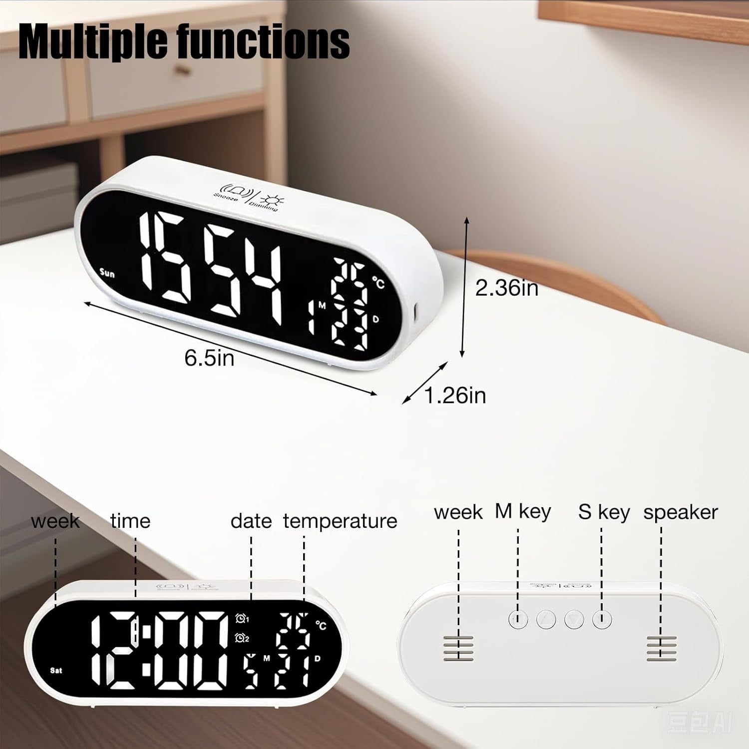 Large Display Digital Alarm Clock Mirror USB Dual Alarm Snooze Bedroom