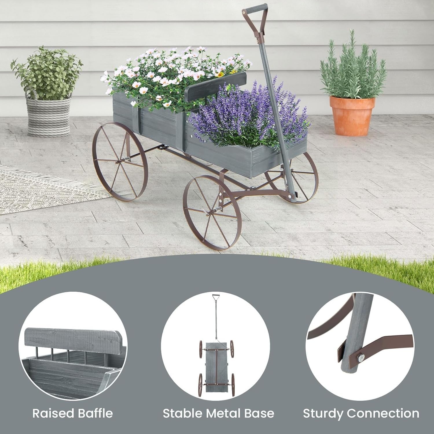 Grey Wooden Garden Wagon Planter Rustic Flower Pot Stand w/ Handle & Wheels