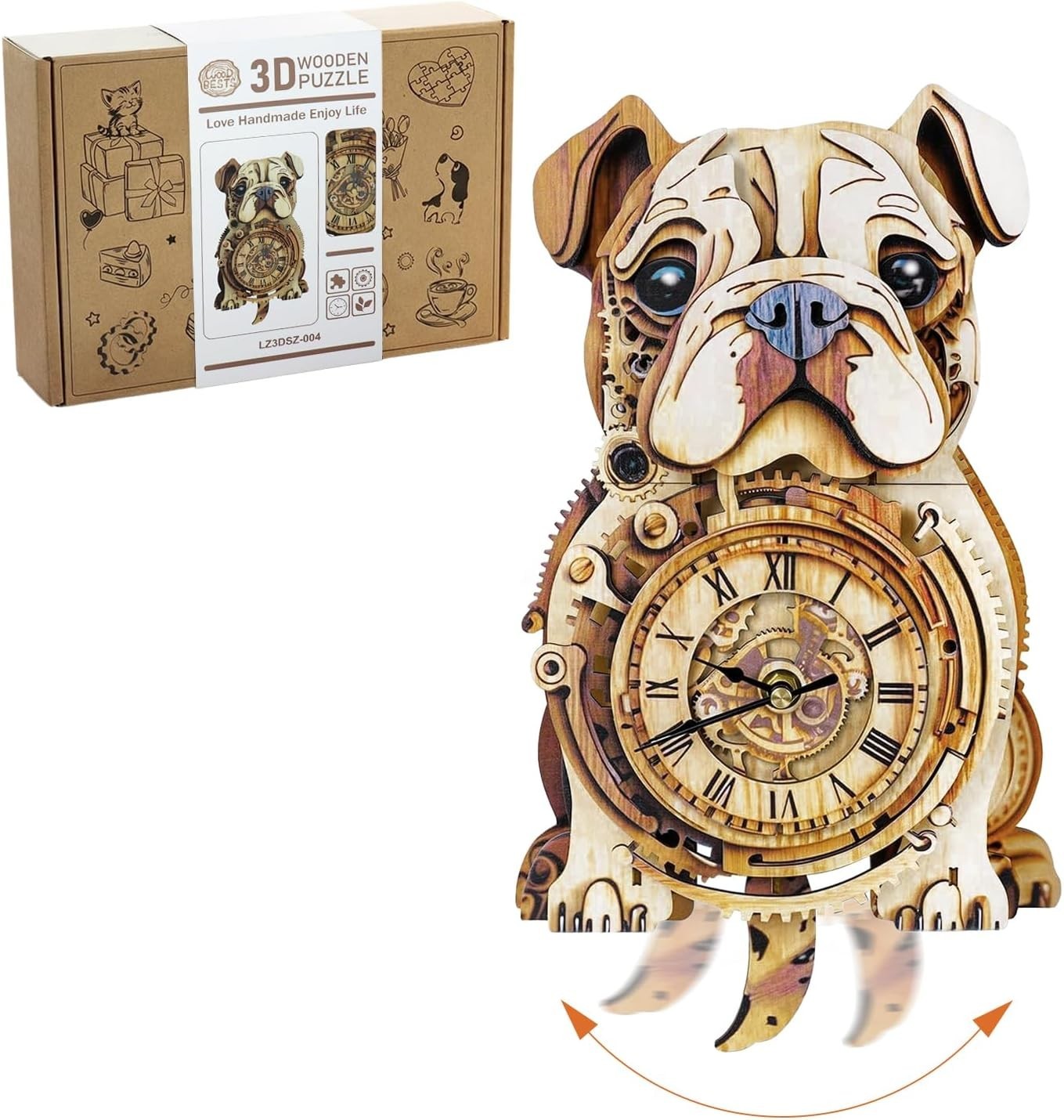 3D Wooden Bulldog Clock Kit Pendulum Wall Decor DIY Puzzle Gift