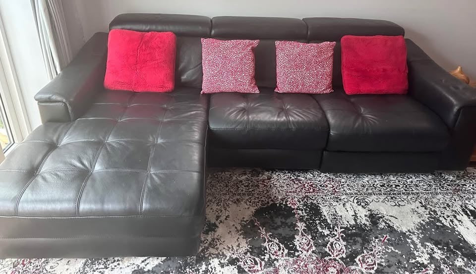 Italian Black Recliner Leather Corner Sofa L-Shape Sofa (PTP)