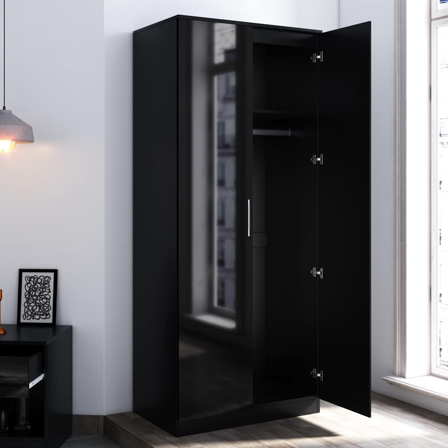 High Gloss 2 Door Wardrobe with Hanging Rail Removable Shelves Bedroom Storage