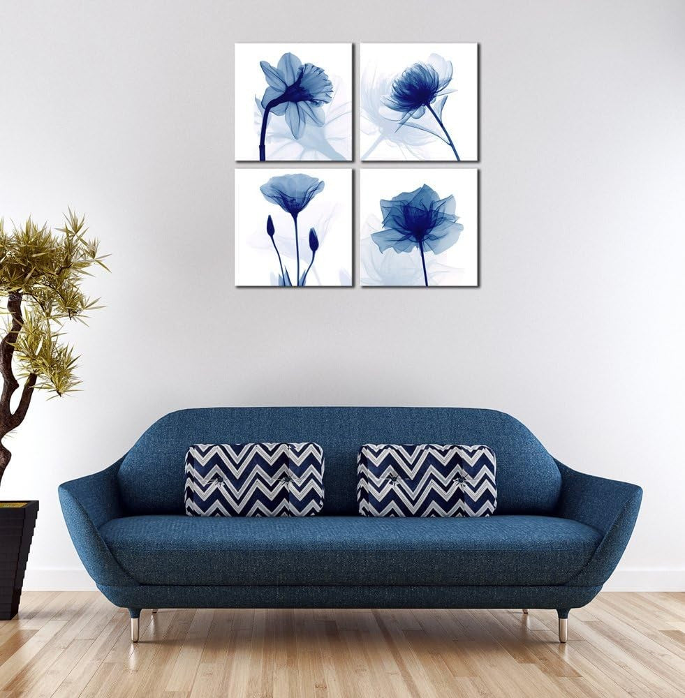 Blue Abstract Flower Canvas Wall Art Set Modern Floral Bedroom Office Decor