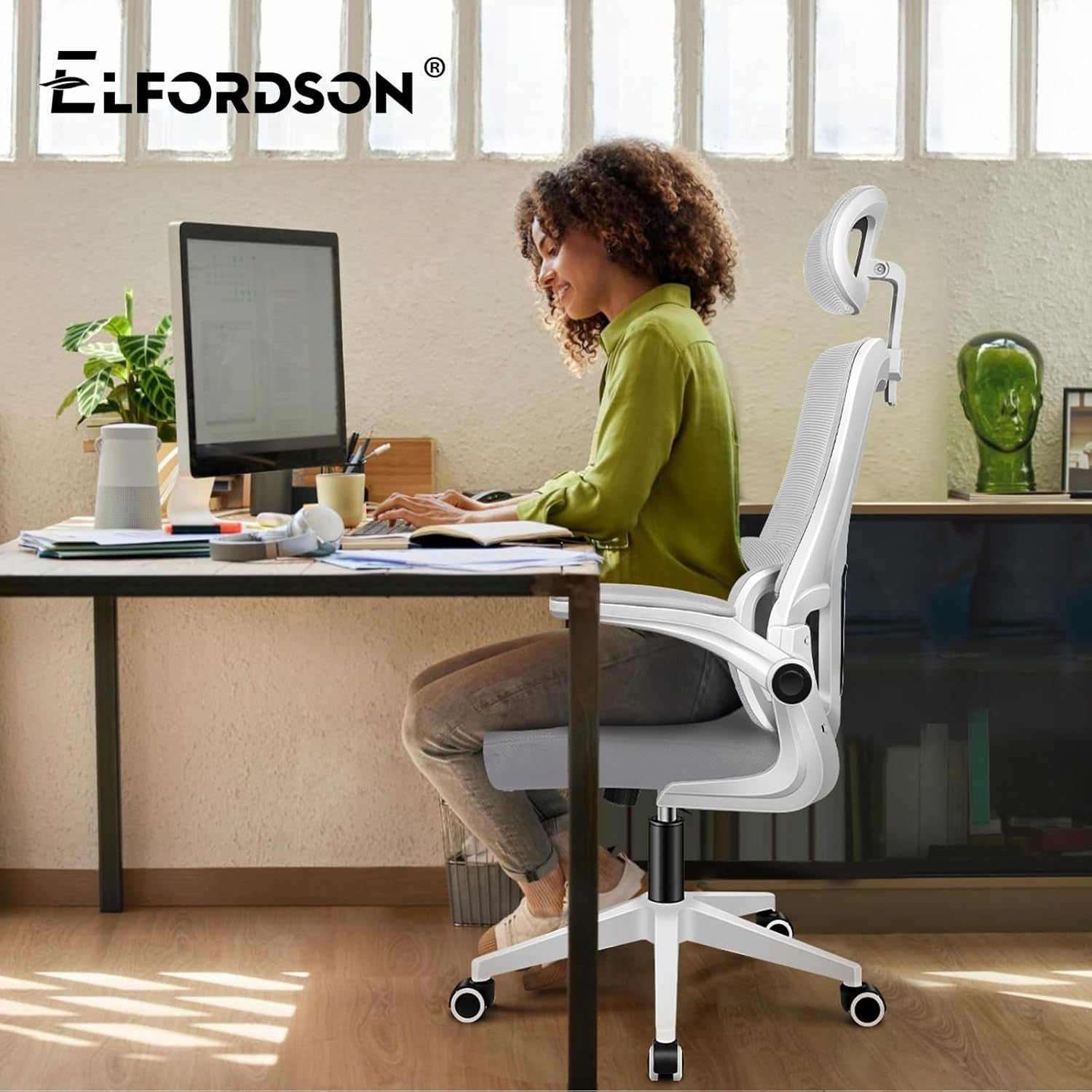 Ergonomic Office Chair Desk Computer Seat Mesh Back Flip-Up Arms Lumbar Grey