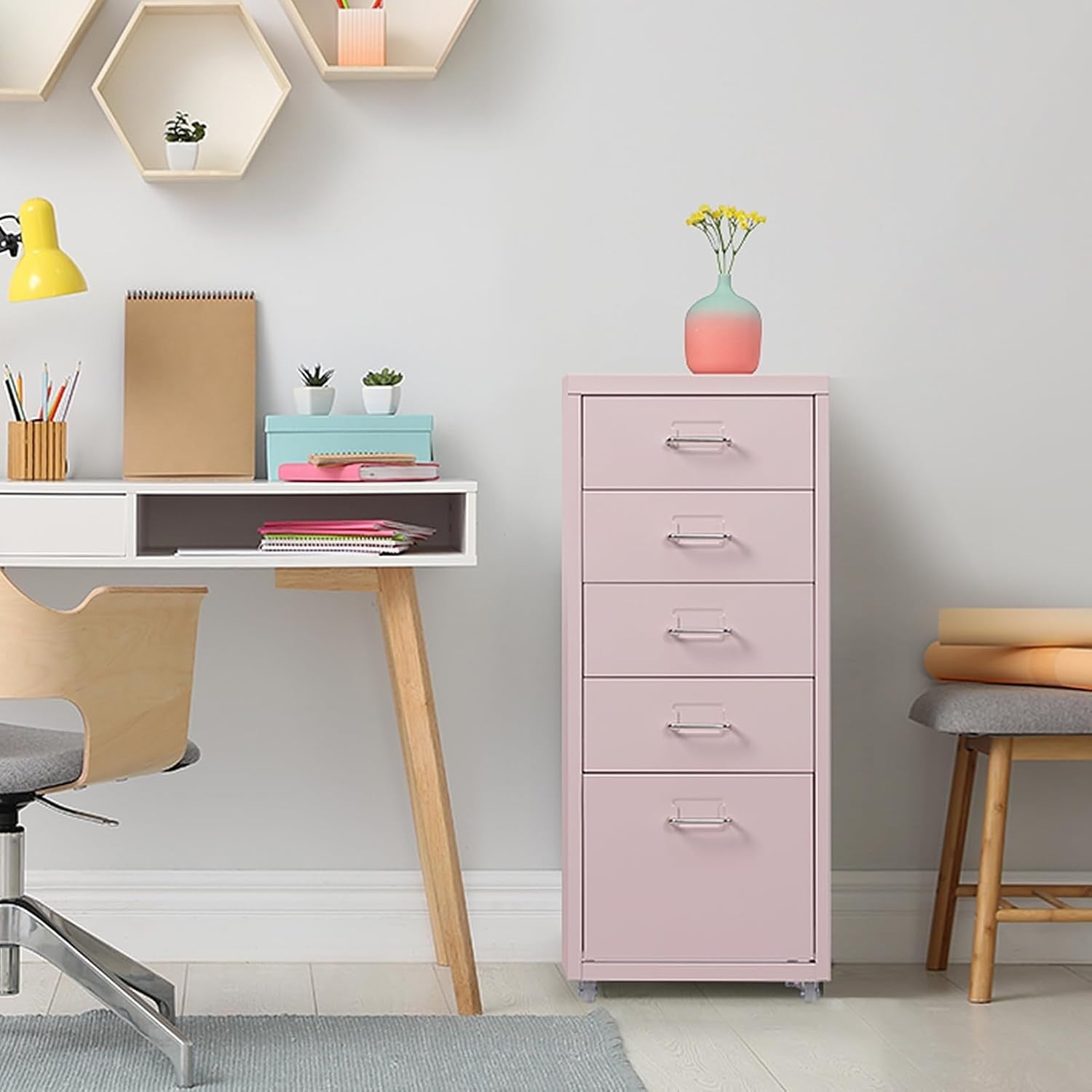 Pink Metal Rolling Drawer Cabinet 5 Tier Under Desk File Storage