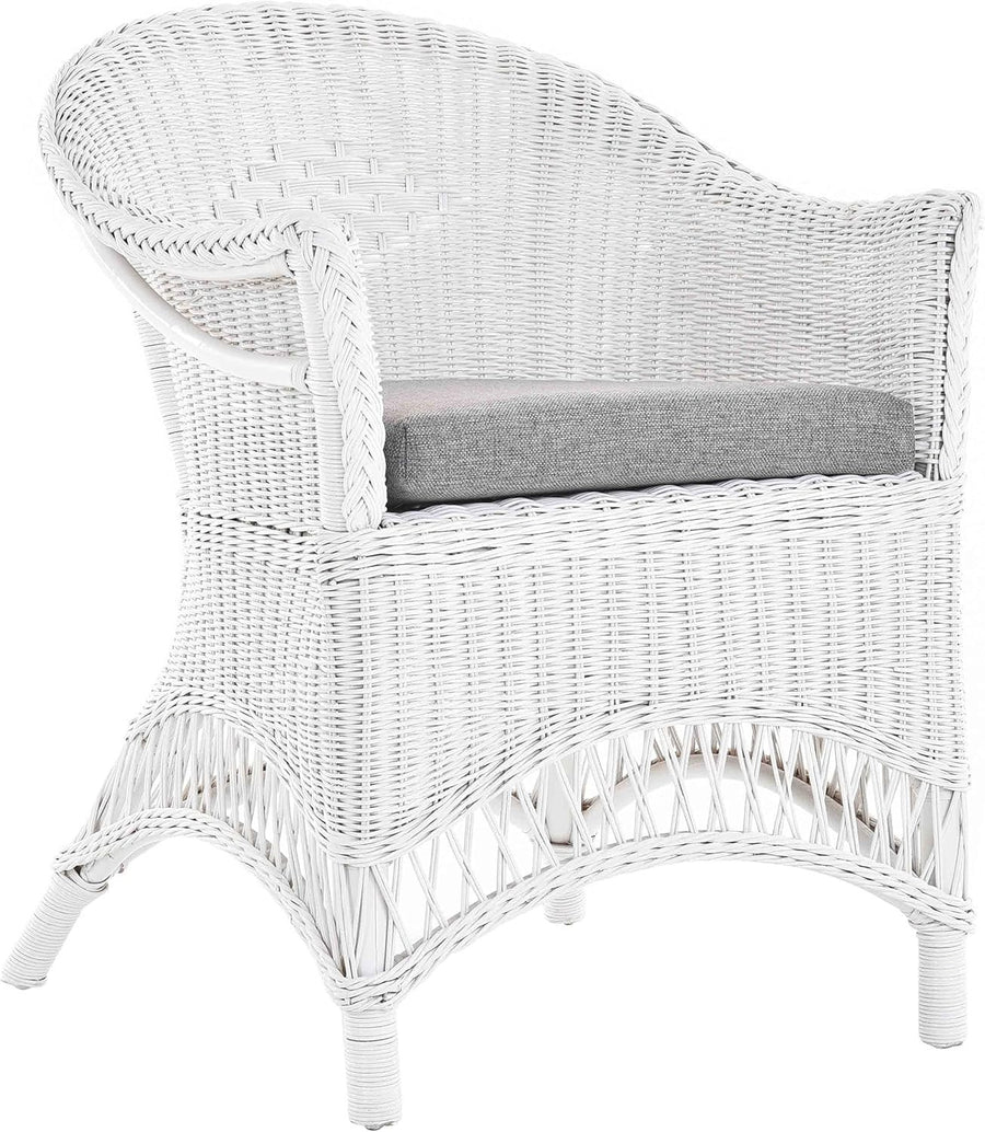White Rattan Armchair Padded Country Wicker Lounge Chair Indoor Conservatory