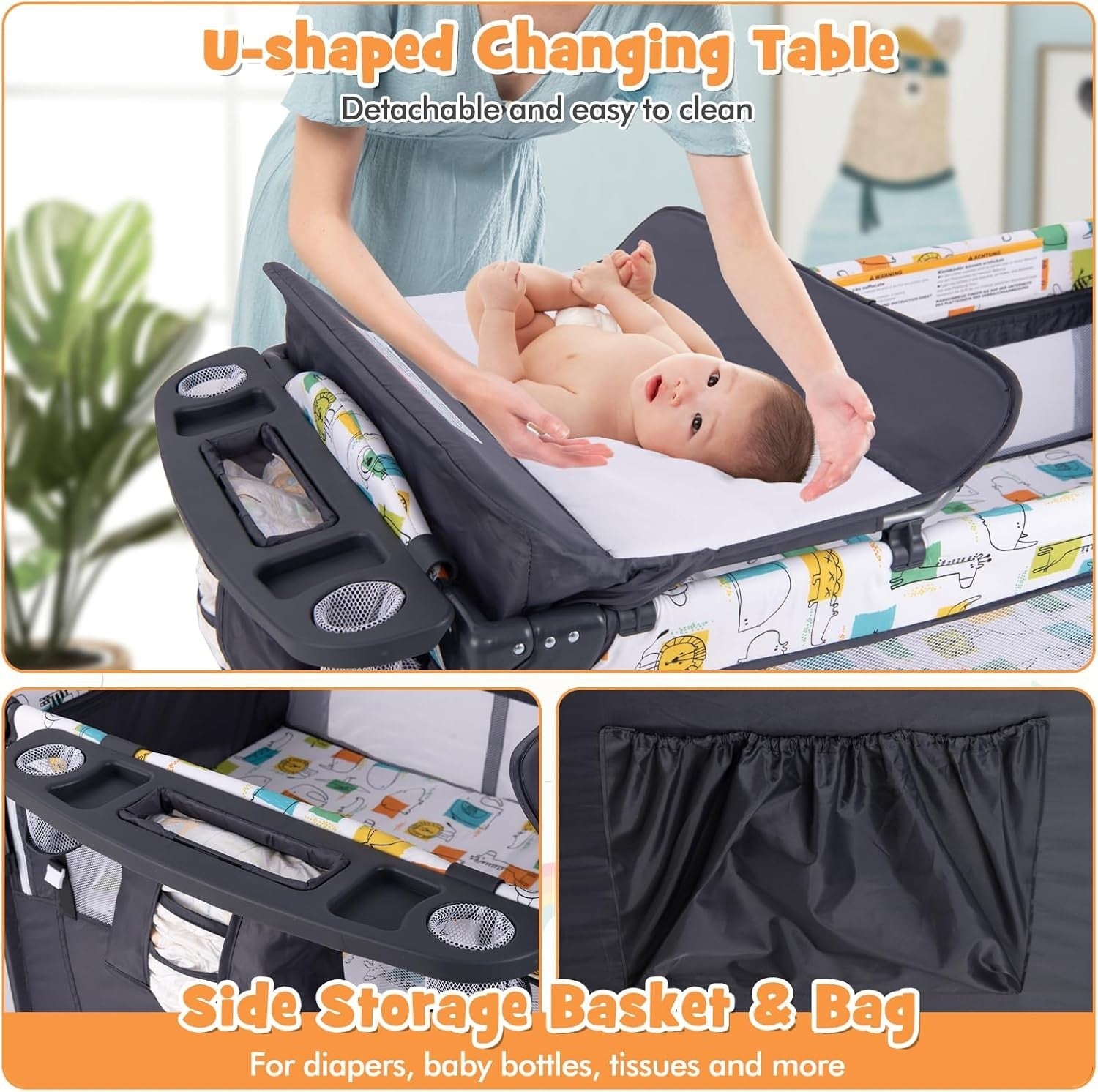 5in1 Baby Travel Cot Foldable Crib with Mattress Basket Changer & Storage Grey