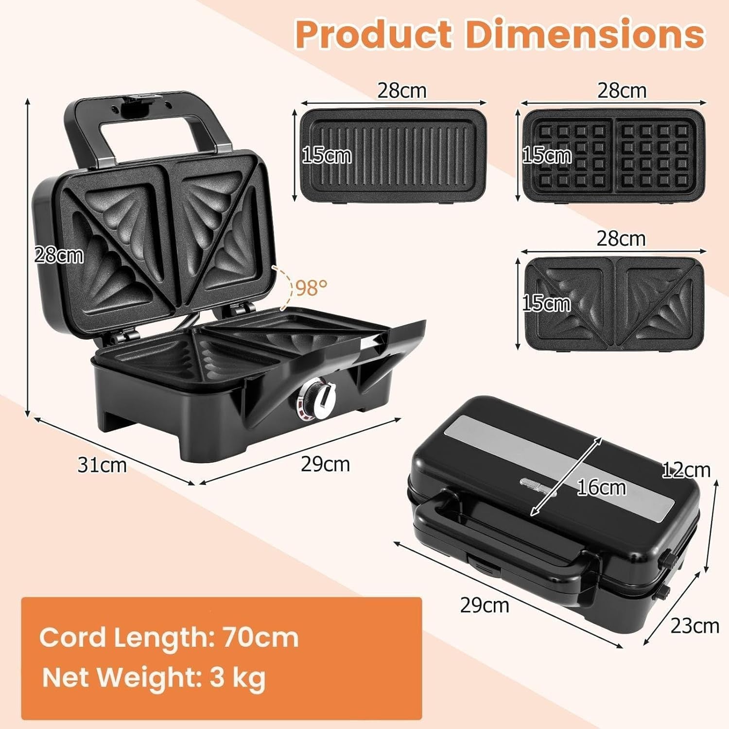 3-in-1 Sandwich Maker 28x15x28cm Non-Stick Plates Waffle Panini Grill