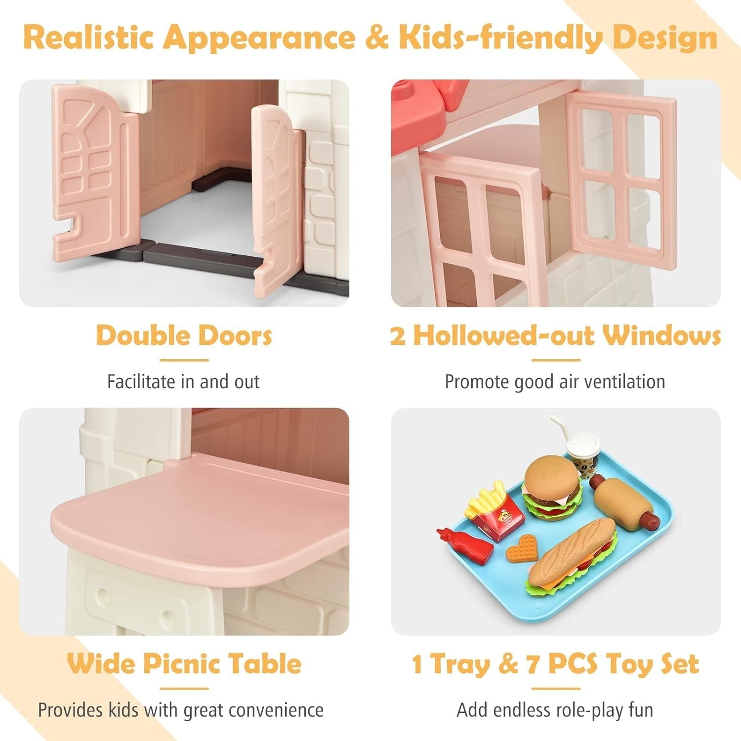 Pink Kids Outdoor Playhouse Cottage with Table Pretend Play Set