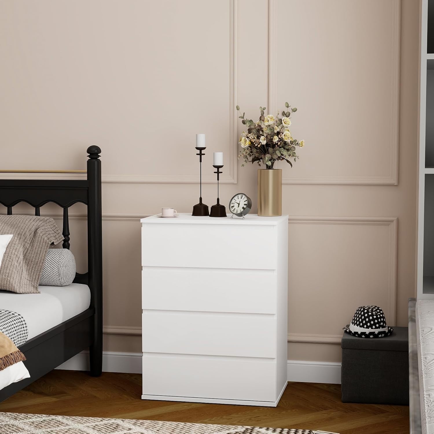 Modern White 4-Drawer Chest Organizer | Sleek No Handle Tall Dresser Unit