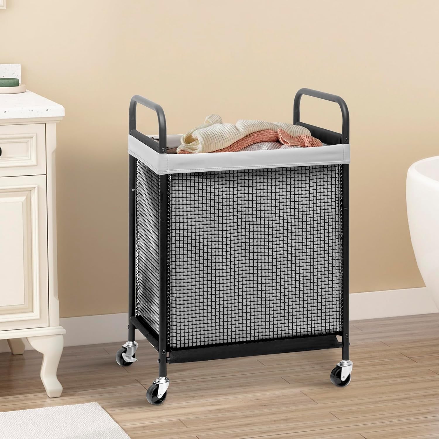 Rolling Laundry Hamper with Wheels 90L | Removable Liner Bag | Slim Laundry Cart