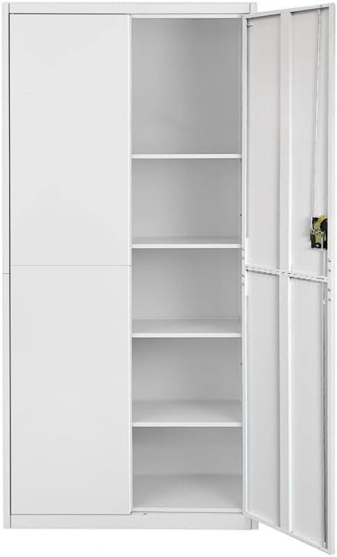 Tall Grey White Metal Storage Cabinet 2 Door Cupboard 5 Shelves 185cm