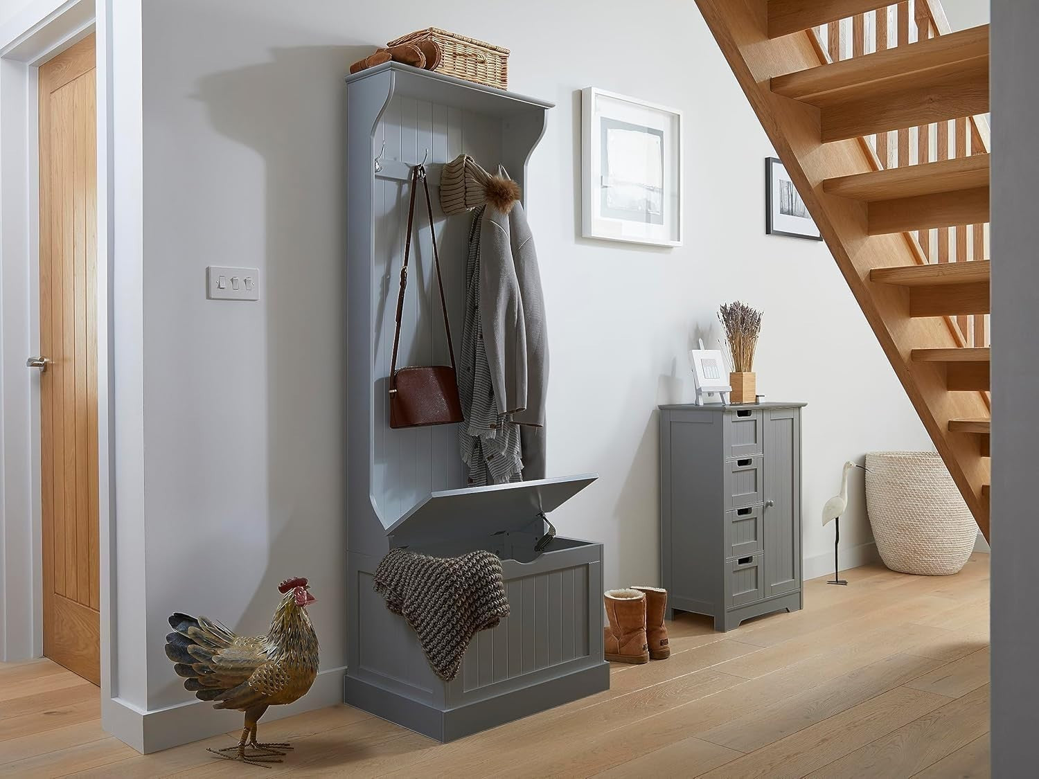 Grey Hall Tree Coat Stand with Shoe Storage Bench & 4 Double Hooks 65x44x177cm