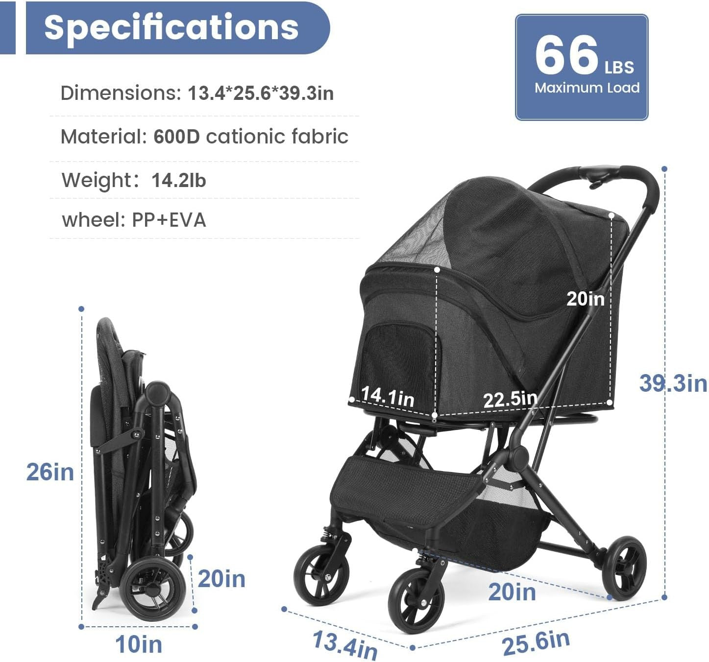 Pet Stroller 4 Wheel Folding Travel Carrier Small Medium Dogs Black