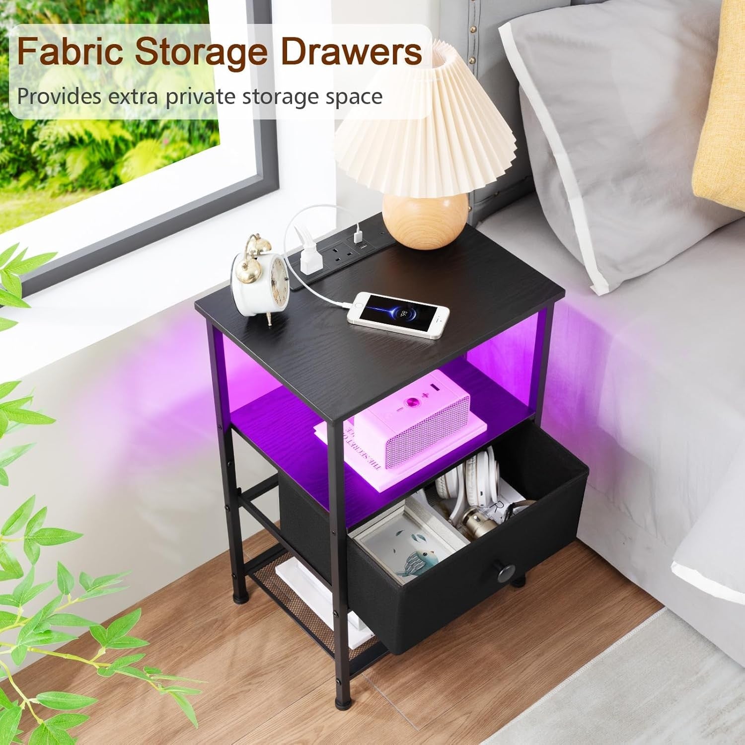 Set of 2 LED Bedside Tables with Charging Station, Fabric Drawer & Storage Shelf