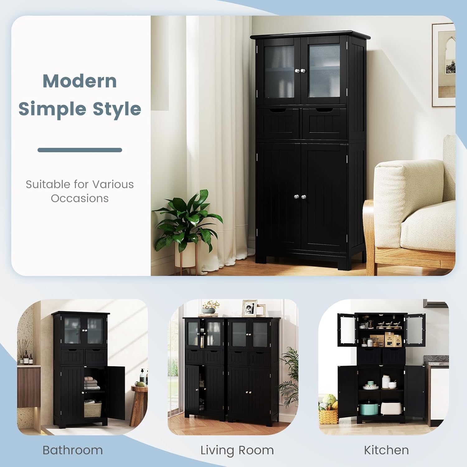Black Freestanding Storage Cabinet with Glass Doors & Drawers Shelves
