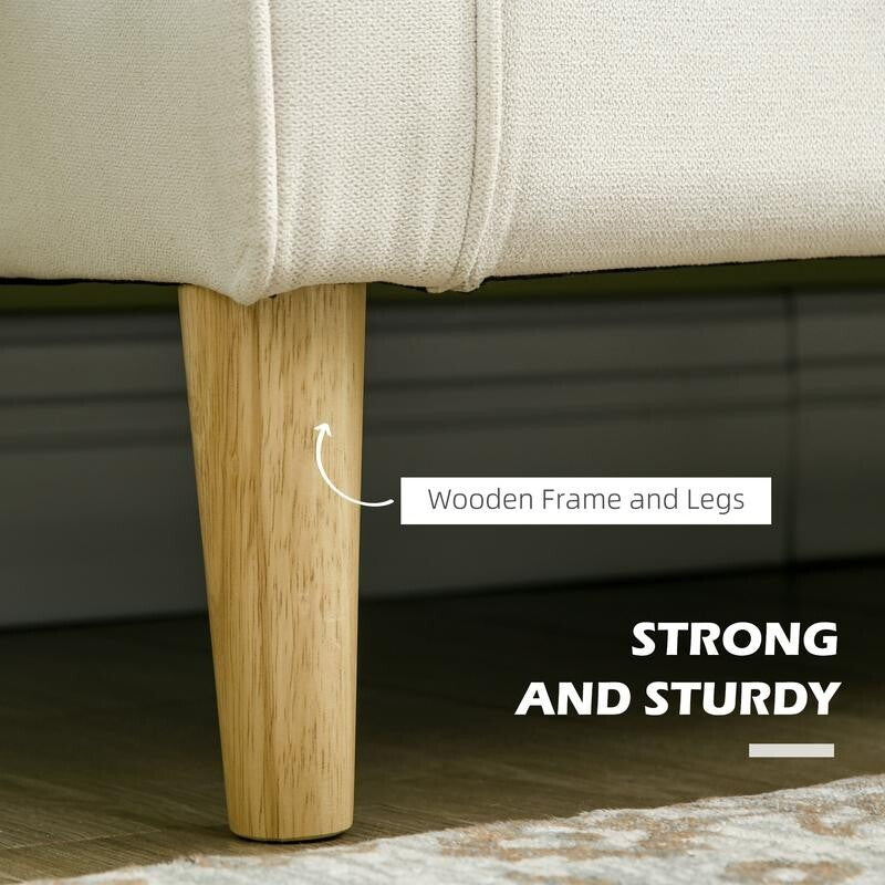 Modern 2 Seater Sofa w/ Storage, Tufted Cream Cotton Couch, Wood Legs 117cm