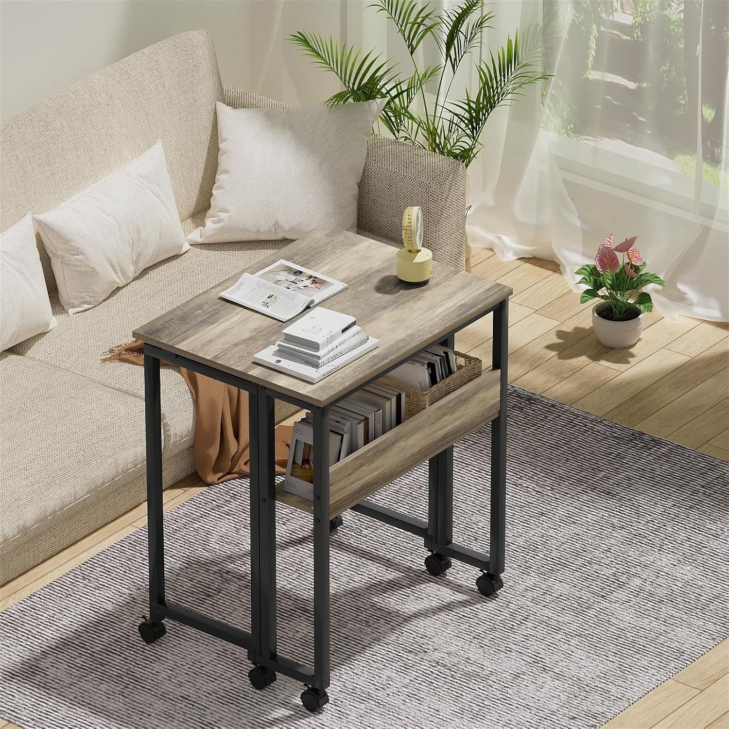 Folding Desk with Shelf & Wheels 63cm Compact Grey Wash Computer Table