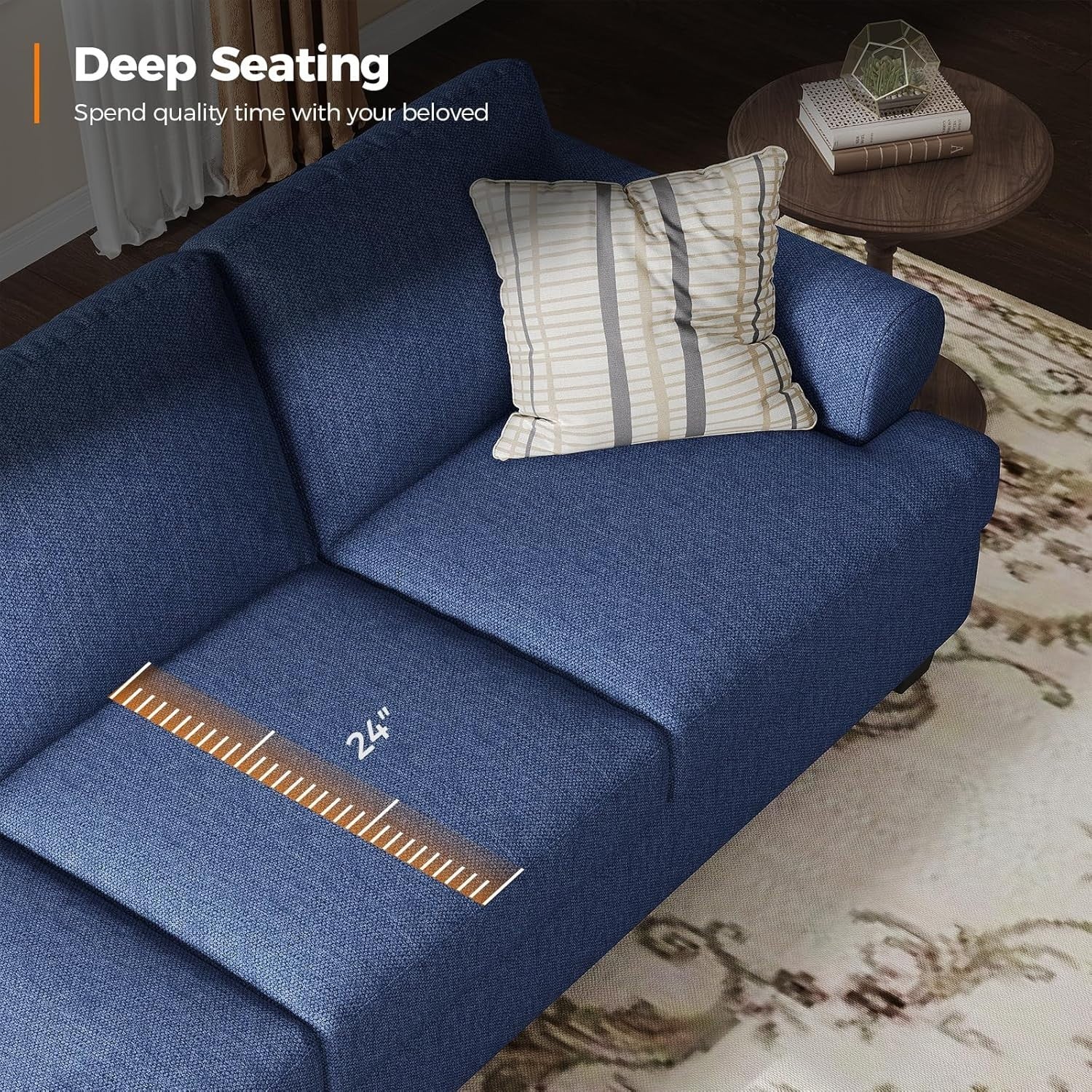 Luxury 3 Seater Deep Seat Sofa Blue Comfy Couch for Lounge Apartment