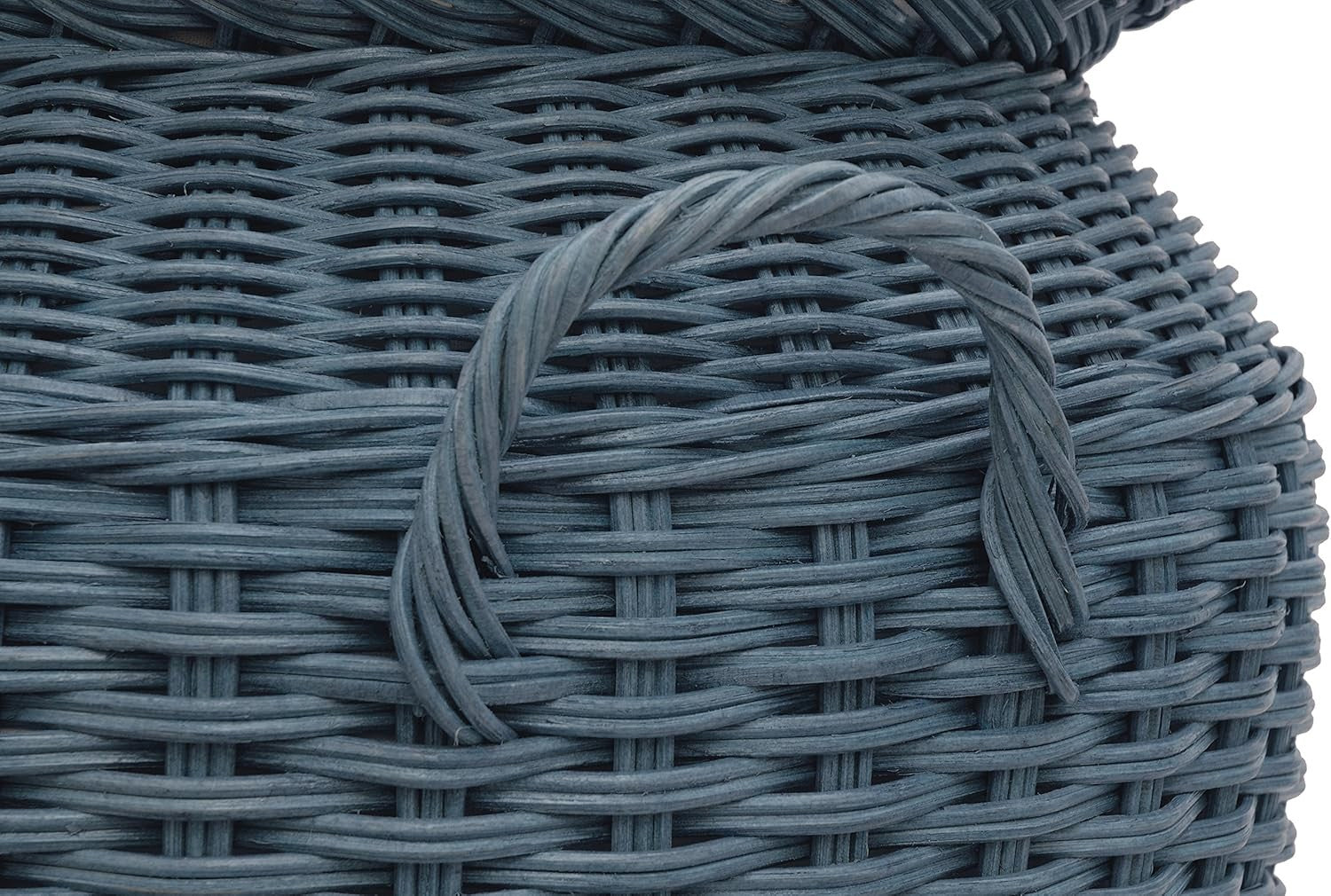 Round Rattan Laundry Basket with Lid 59cm Tall Handmade Woven Hamper Blue
