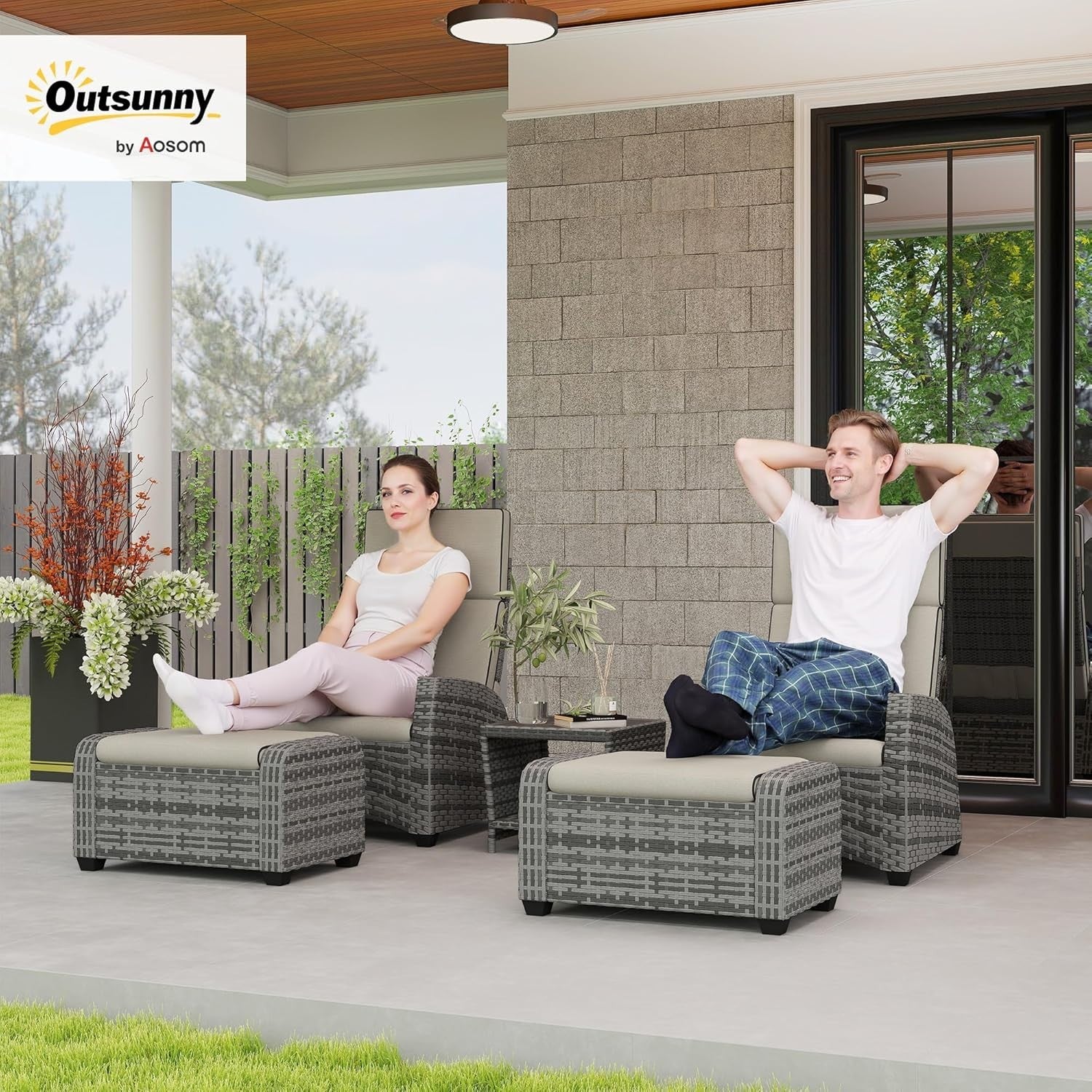5 Piece Rattan Garden Furniture Set Recliner Chairs Footstools Table Cushions