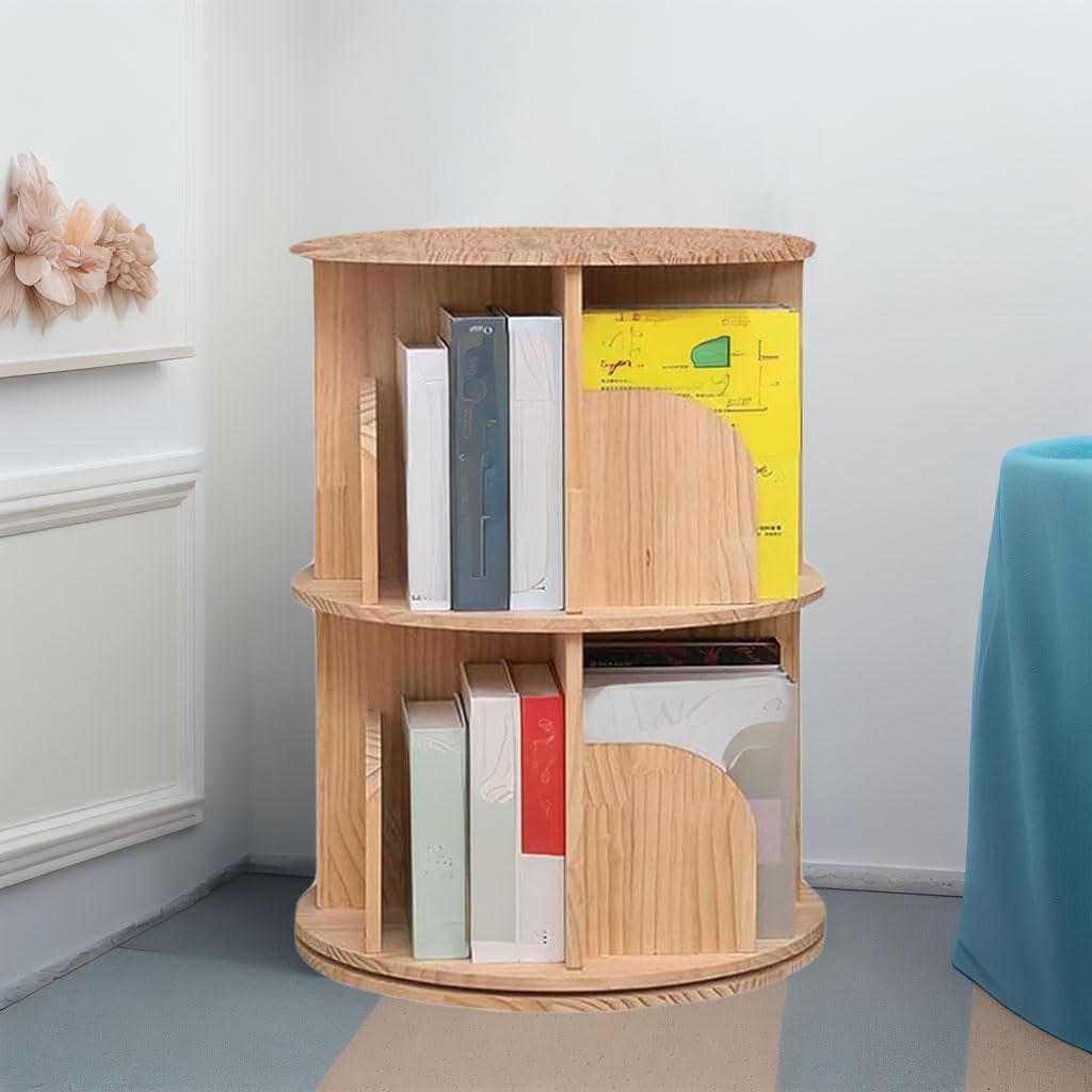 360° Rotating Bookshelf 2 Tier Wooden Storage Rack Space-Saving Bookcase