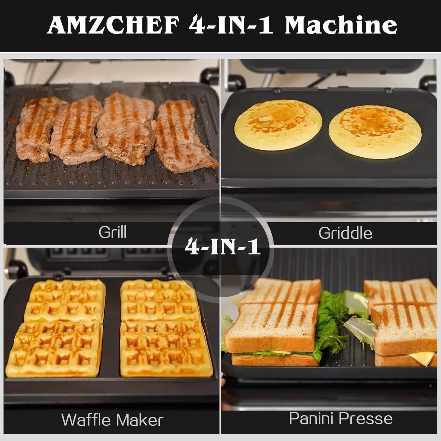 4-in-1 Panini Press Grill 2000W Waffle Sandwich 33x35cm Silver