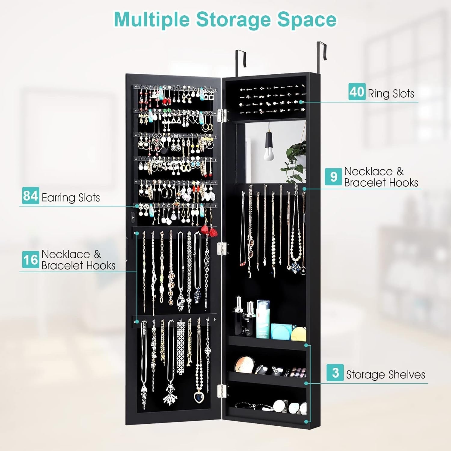 Wall Mounted Jewelry Cabinet Full Length Mirror Door Hanging Organizer