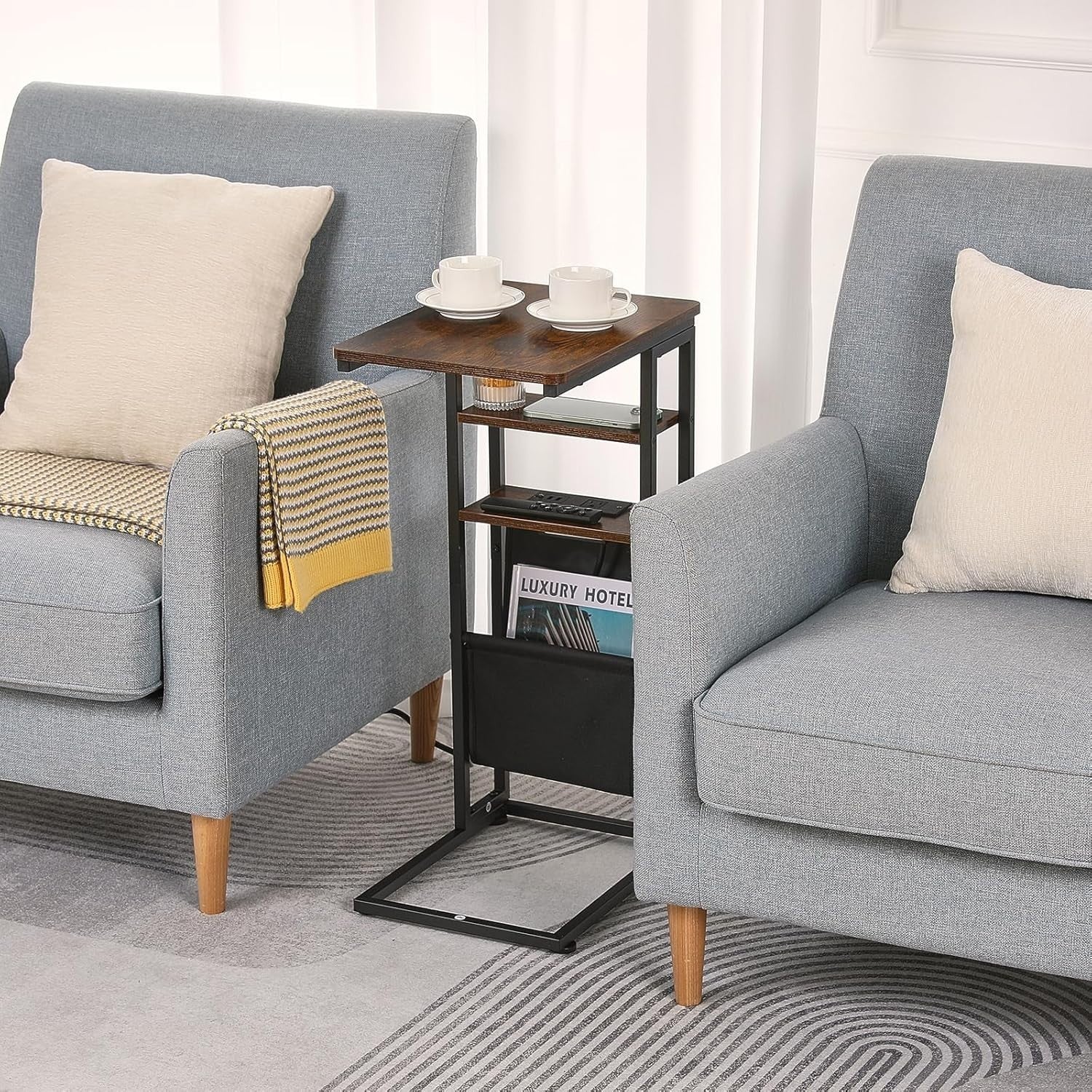 Retro C-Shaped End Table with Charging Station 3-Tier Storage Slim Sofa Table
