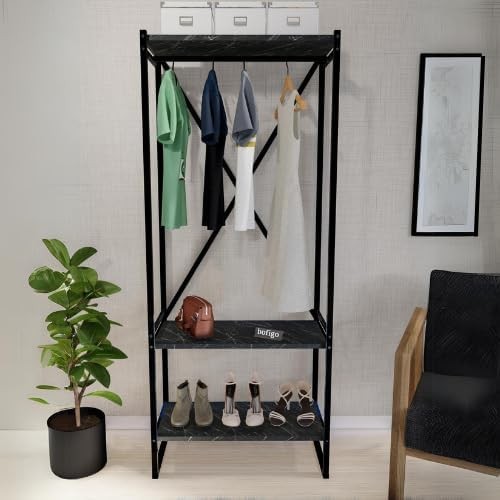 3-Tier Black Marble Coat Rack & Shoe Storage Stand with Metal Frame – Modern Hal