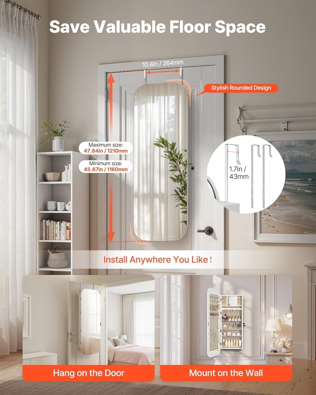 Wall Mount Jewelry Mirror Cabinet Full Length Lockable Storage Organizer