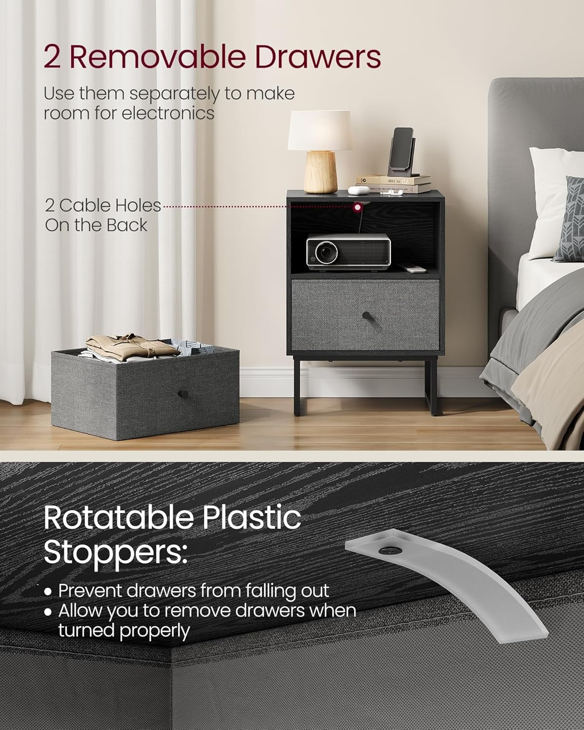 Modern Bedside Table with Fabric Drawers, 2-Tier Storage Cabinet in Black & Grey