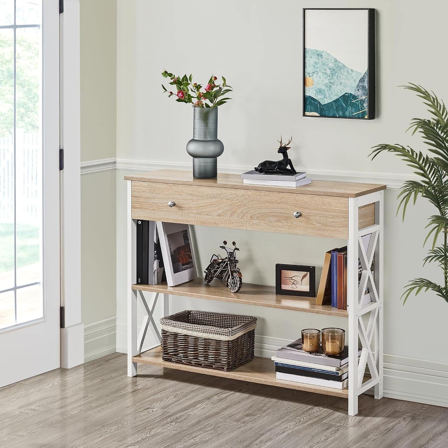 Spacious Console Table with Drawer & 2 Shelves, Sturdy Metal Frame, Light Oak