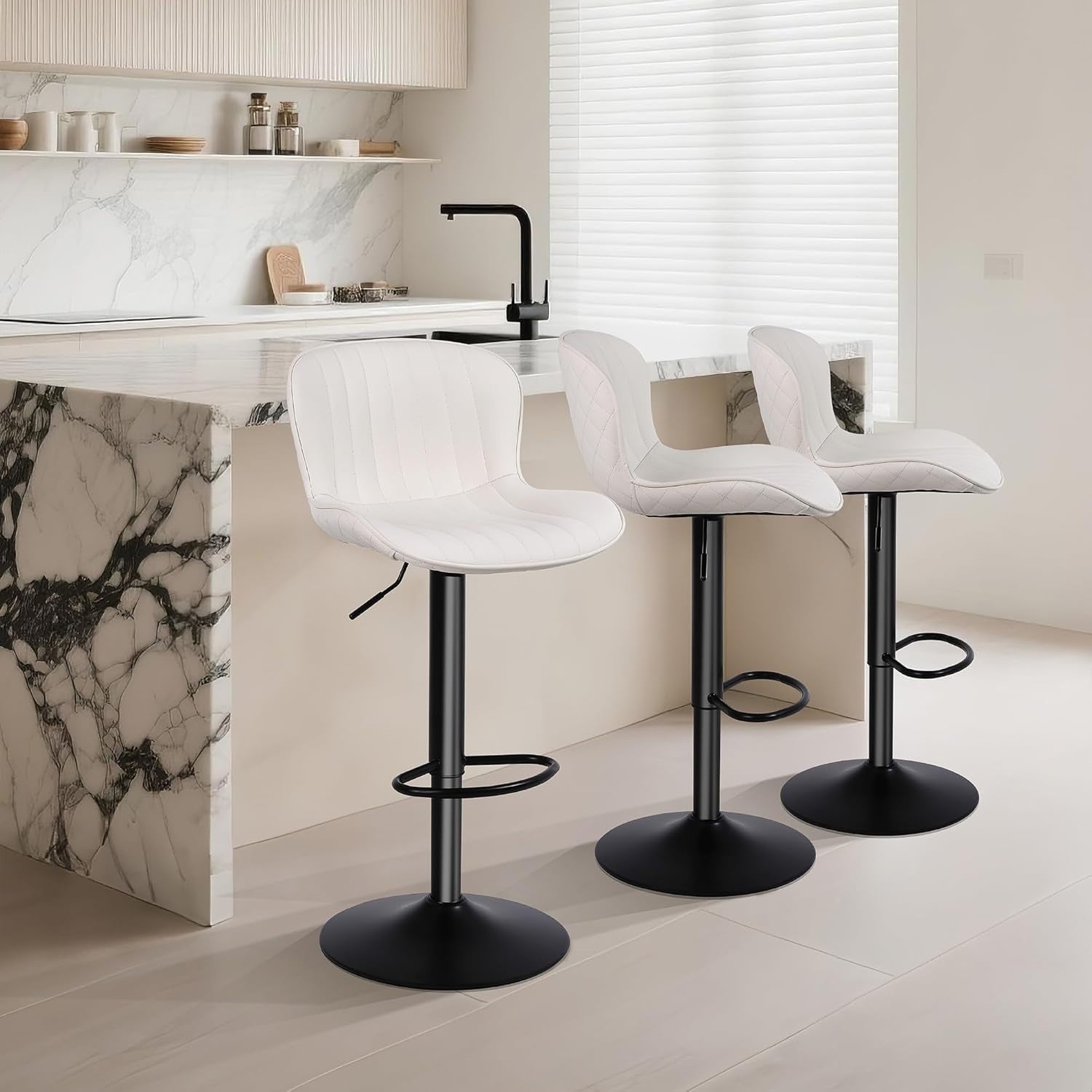 Beige PU Leather Bar Stools Set of 3 Adjustable Kitchen Counter Chairs