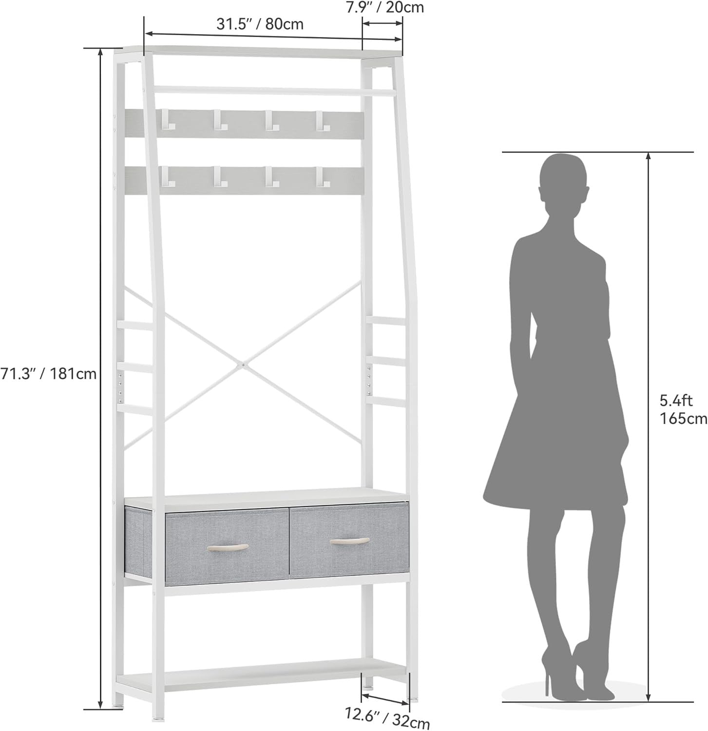 White Hall Tree Coat Rack with Bench | Metal Frame Shoe Storage & Drawers Stand