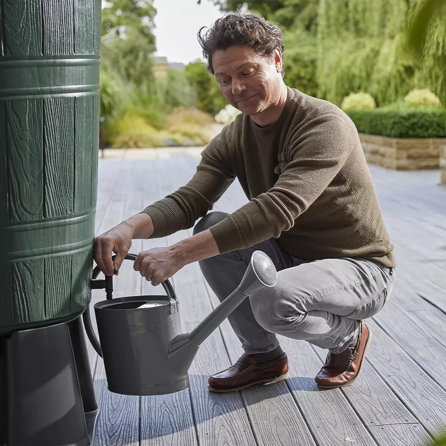 200L Garden Water Butt Wood Effect Barrel With Stand & Diverter Kit Green