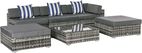 6 Seat Rattan Garden Sofa Set w/ Cushions, Table & Footstools Outdoor Patio