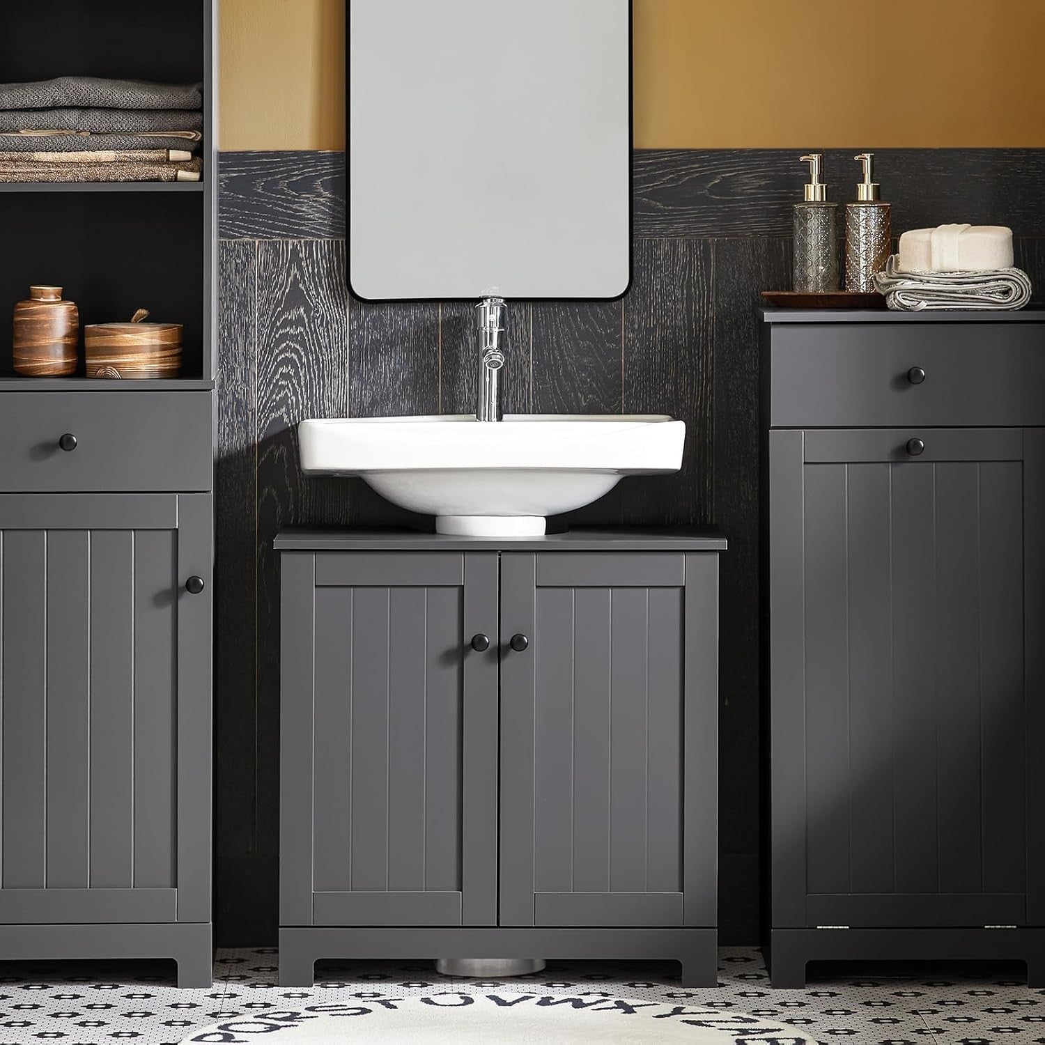 Modern Under Sink Bathroom Cabinet 60x60cm – Dark Grey MDF Storage Unit w/ Shelf
