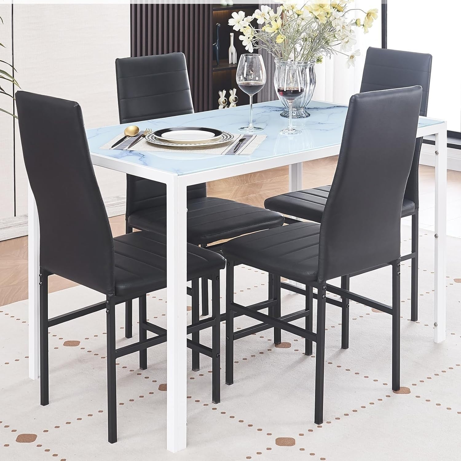Modern 5PC Marble Glass Dining Set with PU Leather Chairs for Small Spaces