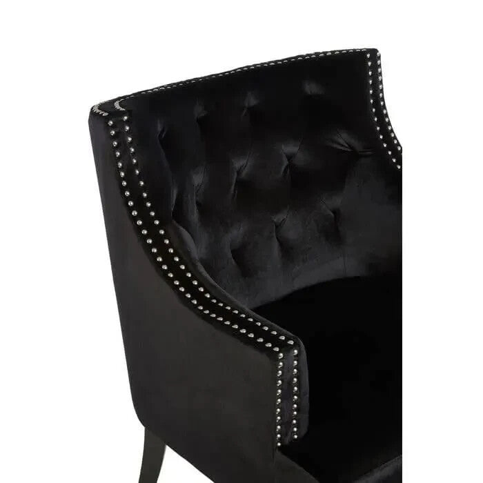 Black Velvet Accent Chair Tufted Back with Stud Detail & Wooden Legs
